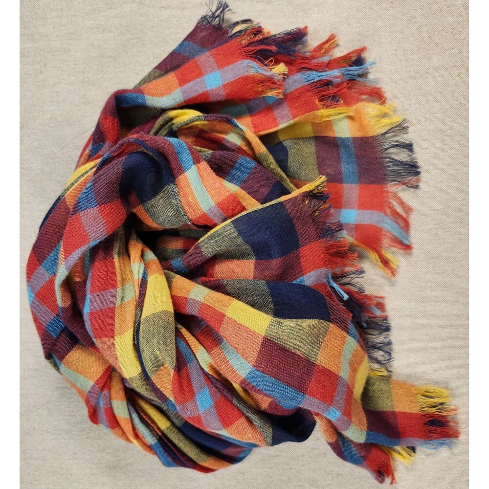American Eagle Plaid Scarf Wrap Red Blue Yellow Tassel Fringe Lightweight Beach